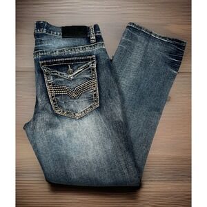 True Luck Bootcut Jeans Mens 32x30 Denim Embroidered Pockets Thick Stitch